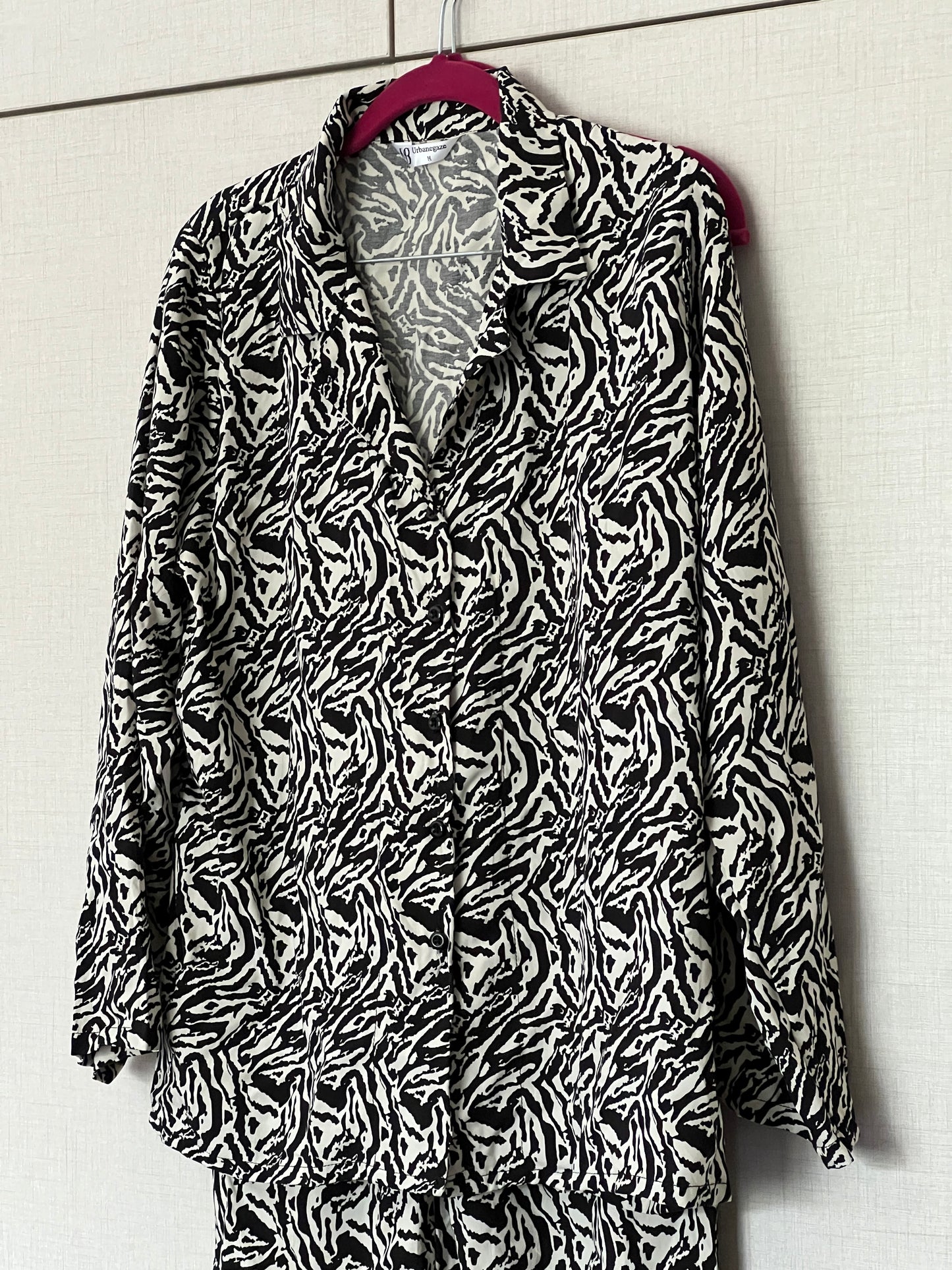 Women Night Suit 2 Piece Linen - Shirt and Trouser - Beautiful zebra patern of white and black