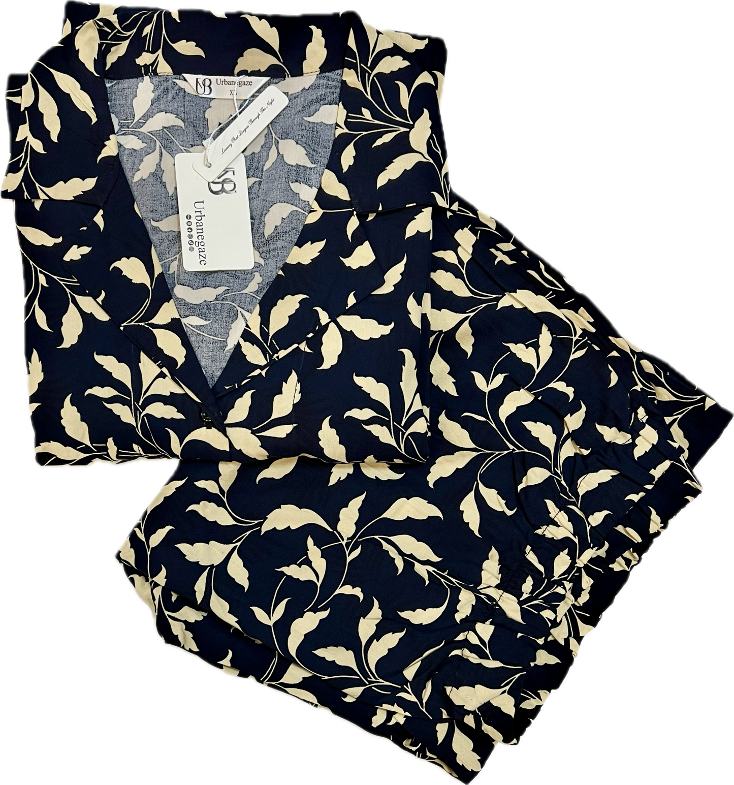 Women's 2-Piece Linen Night Suit β Navy Leaf Print | Classic & Comfortable Loungewear