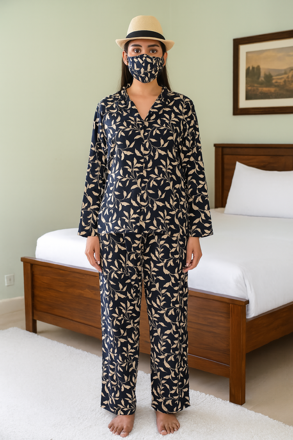 Women's 2-Piece Linen Night Suit β Navy Leaf Print | Classic & Comfortable Loungewear