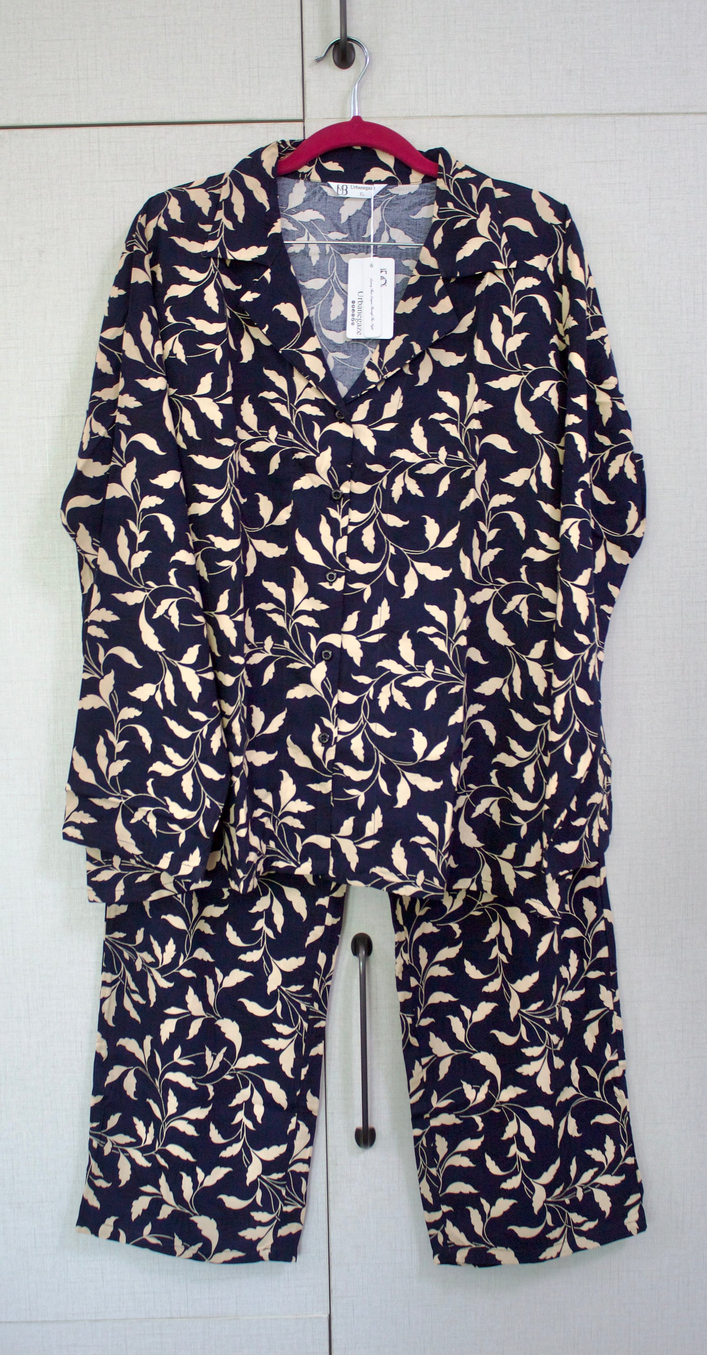 Women's 2-Piece Linen Night Suit β Navy Leaf Print | Classic & Comfortable Loungewear