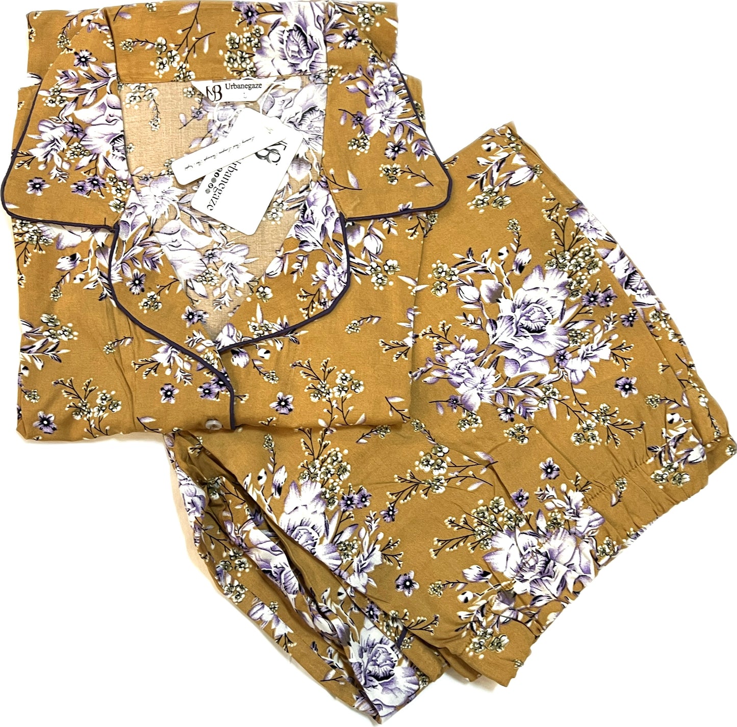 Women's 2-Piece Linen Night Suit – Mustard Floral | Soft & Breathable Fabric