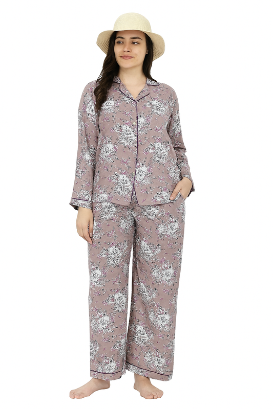 Women's 2-Piece Linen Night Suit – Dusty Mauve Floral | Elegant & Breathable Sleepwear
