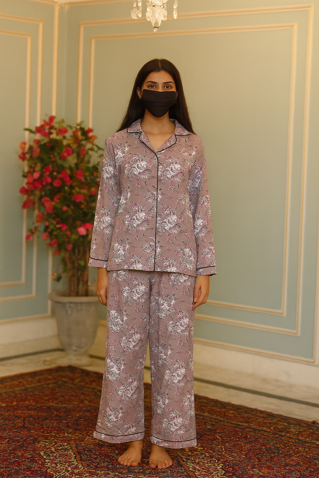 Women's 2-Piece Linen Night Suit – Dusty Mauve Floral | Elegant & Breathable Sleepwear