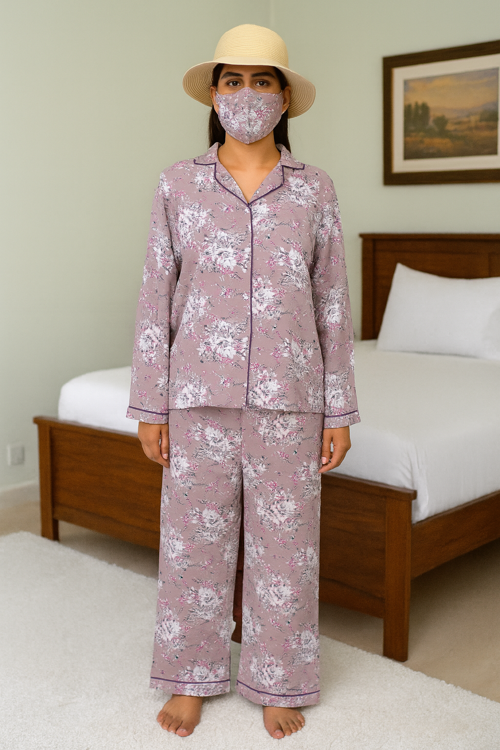 Women's 2-Piece Linen Night Suit – Dusty Mauve Floral | Elegant & Breathable Sleepwear