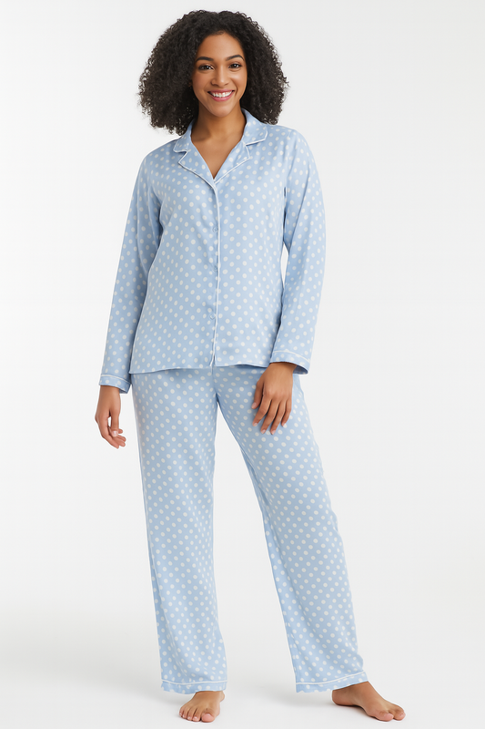Classic Light Blue Polka Dot Women's Pajama Set – Soft Satin Finish