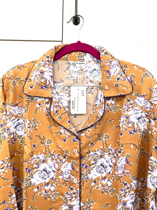 Women's 2-Piece Linen Night Suit – Mustard Floral | Soft & Breathable Fabric