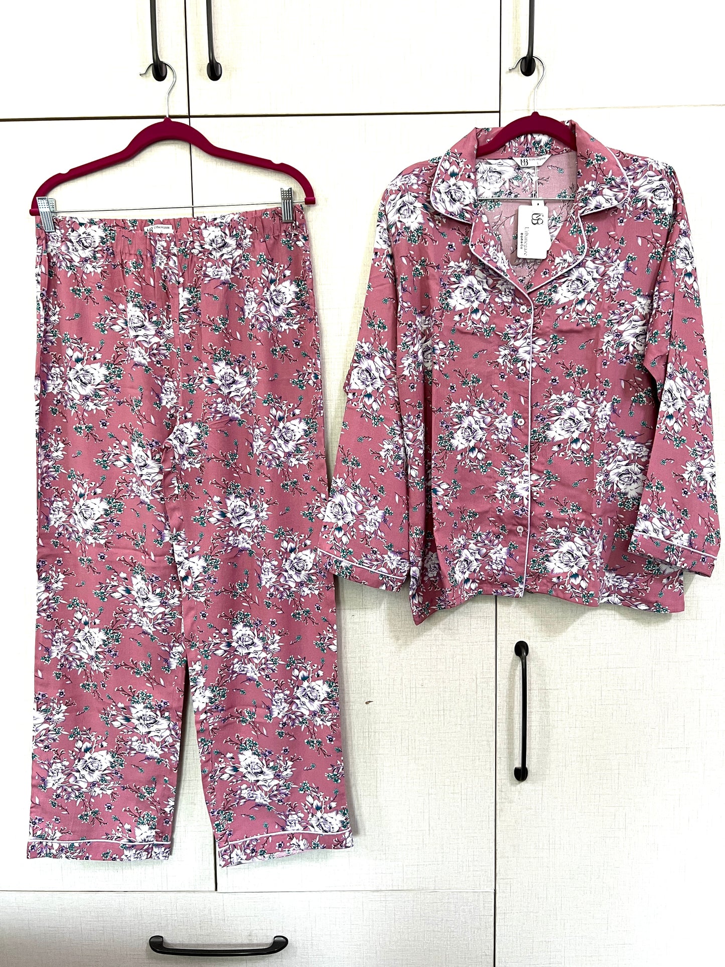 Women's 2-Piece Linen Night Suit – Mauve Floral | Soft, Elegant & Breathabl