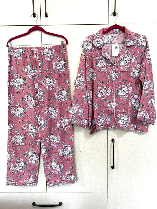 Women's 2-Piece Linen Night Suit – Mauve Floral | Soft, Elegant & Breathabl