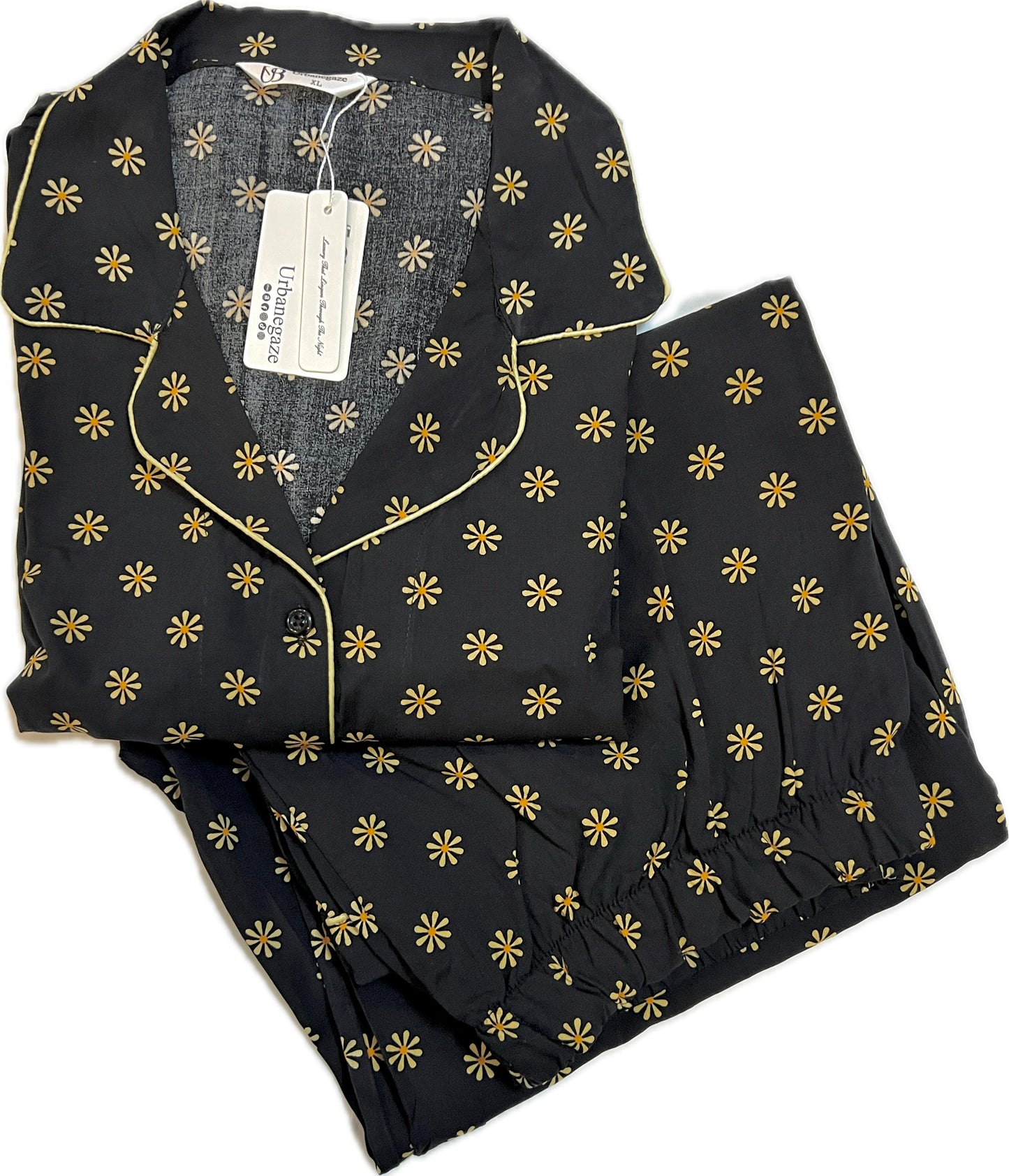 Women's 2-Piece Linen Night Suit – Black Daisy Print | Classic & Cozy