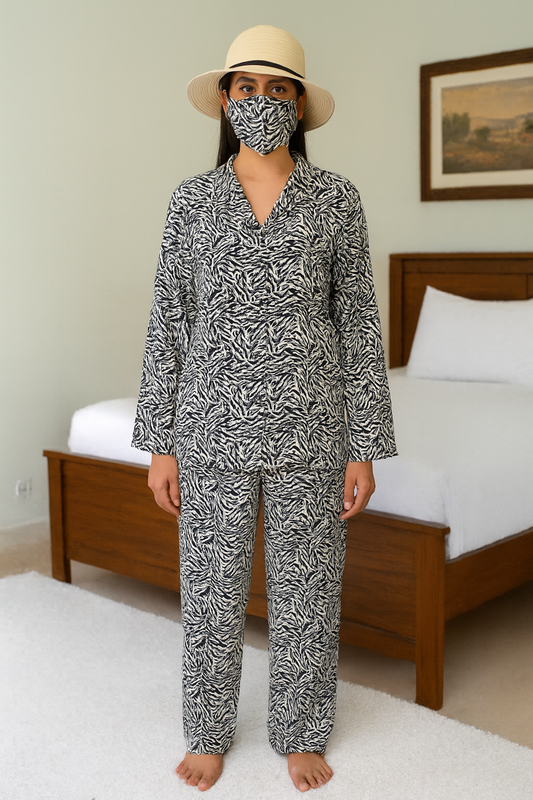 Women Night Suit 2 Piece Linen - Shirt and Trouser - Beautiful zebra patern of white and black