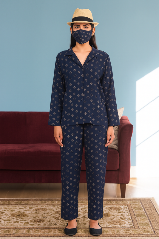 Women's 2-Piece Linen Night Suit – Navy Colour | 100% Premium Linen