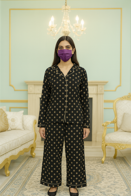 Women's 2-Piece Linen Night Suit – Black Daisy Print | Classic & Cozy