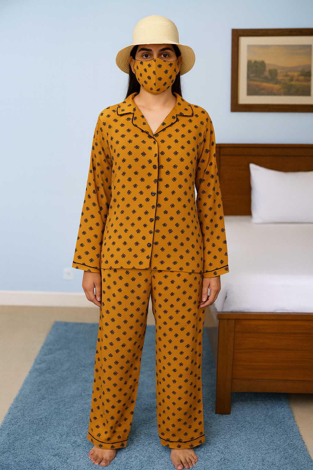Women's 2-Piece Linen Night Suit – Mustard Daisy Print | Everyday Comfort