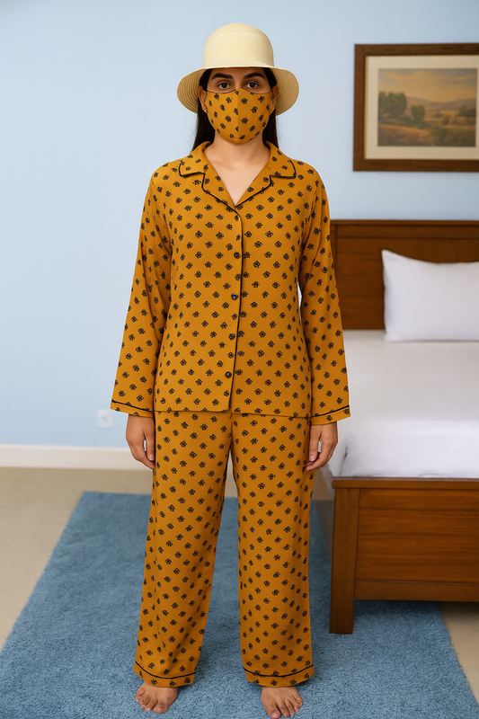 Women's 2-Piece Linen Night Suit – Mustard Daisy Print | Everyday Comfort