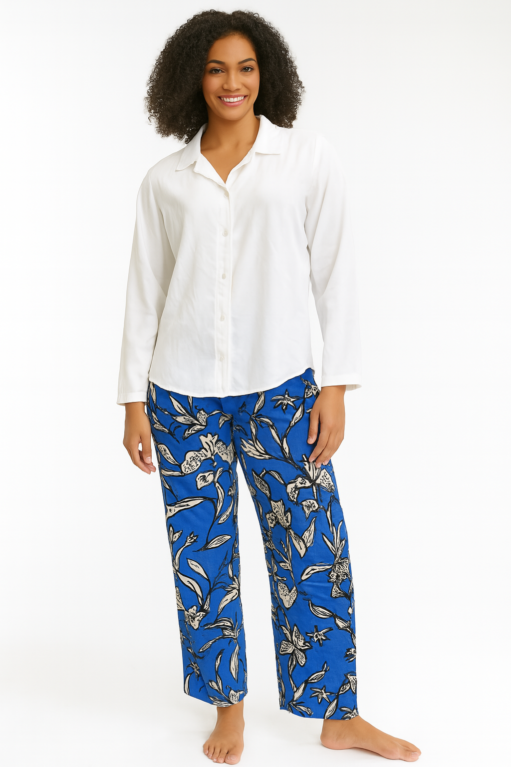 Women's 2-Peice Satin Night Suite- White Shirt With Tropical Flower Trousers