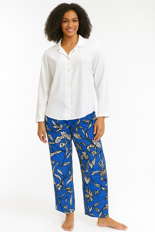 Women's 2-Peice Satin Night Suite- White Shirt With Tropical Flower Trousers