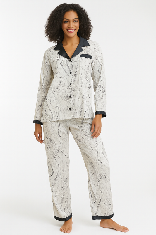 Women's Marble Print Satin Pajama Set – Black Contrast Trim Nightwear