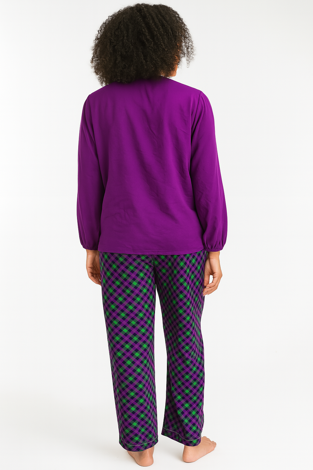 Women's Purple Button-Up Pajama Set with Multicolor Plaid Pants – Cozy Cotton Comfort
