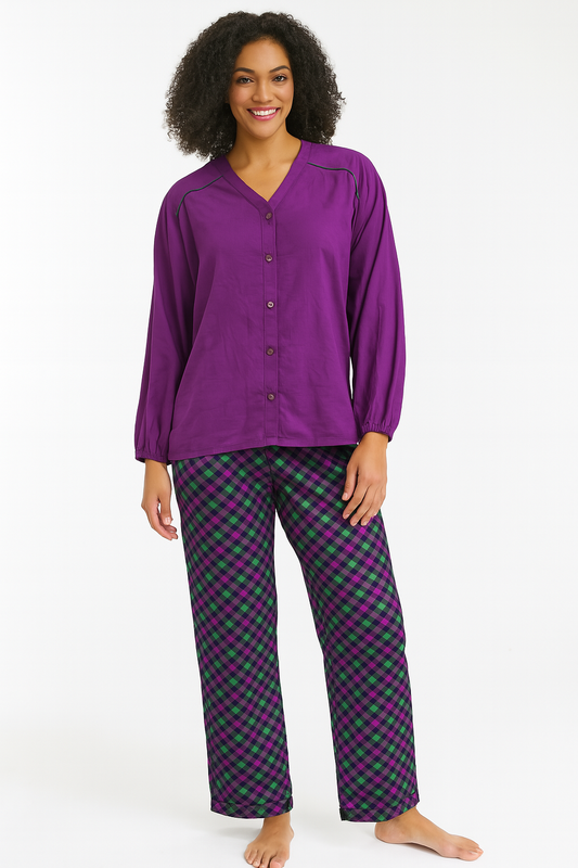 Women's Purple Button-Up Pajama Set with Multicolor Plaid Pants – Cozy Cotton Comfort