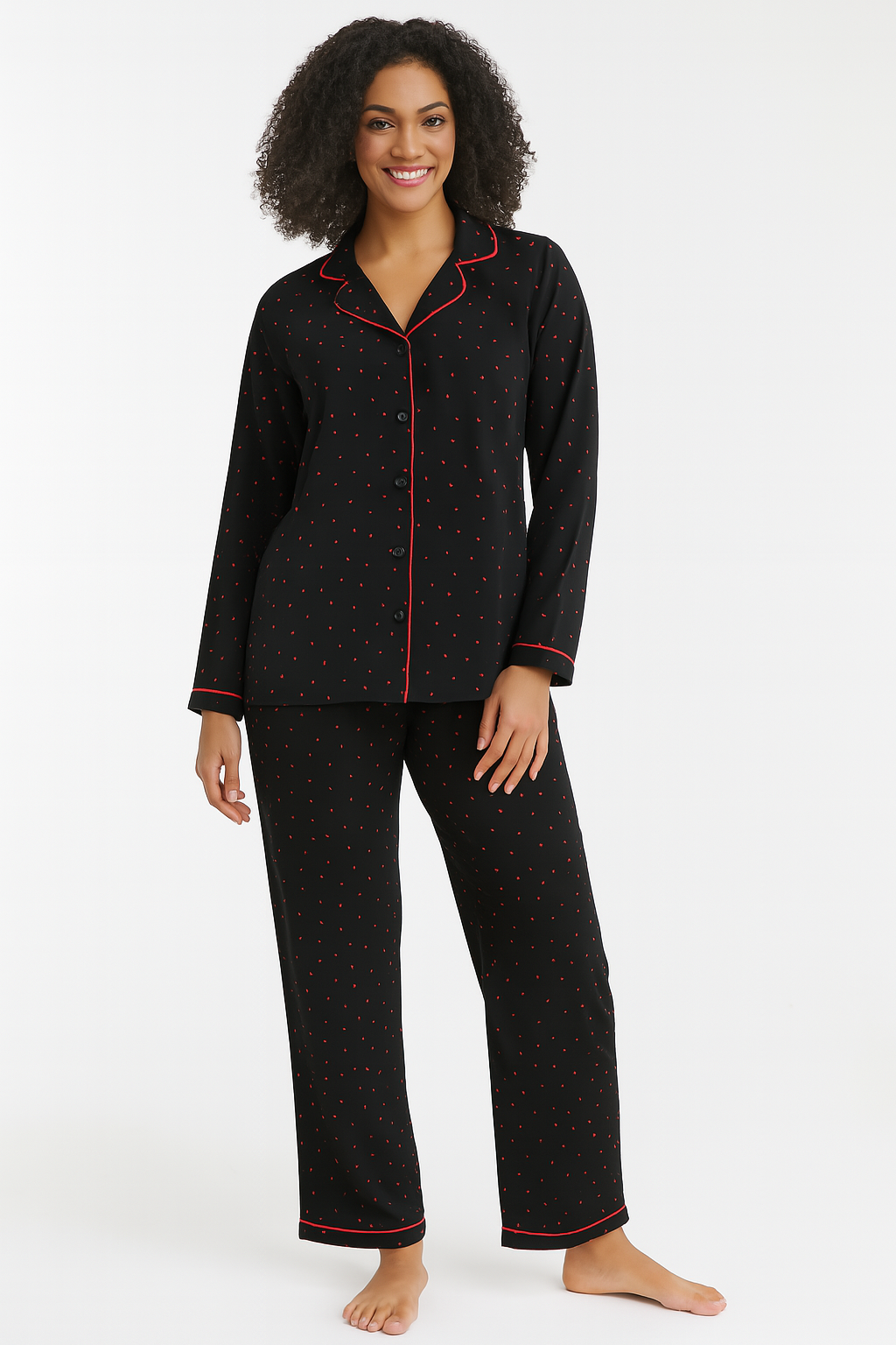 Elegant Black Pajama Set with Red Hearts & Piping – Soft & Stylish Sleepwear