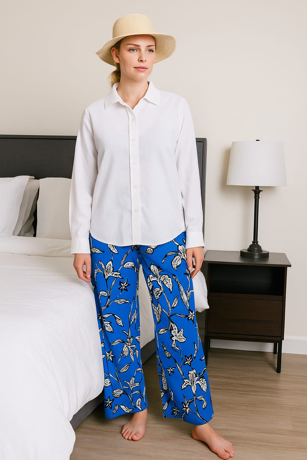 Women's 2-Peice Satin Night Suite- White Shirt With Tropical Flower Trousers