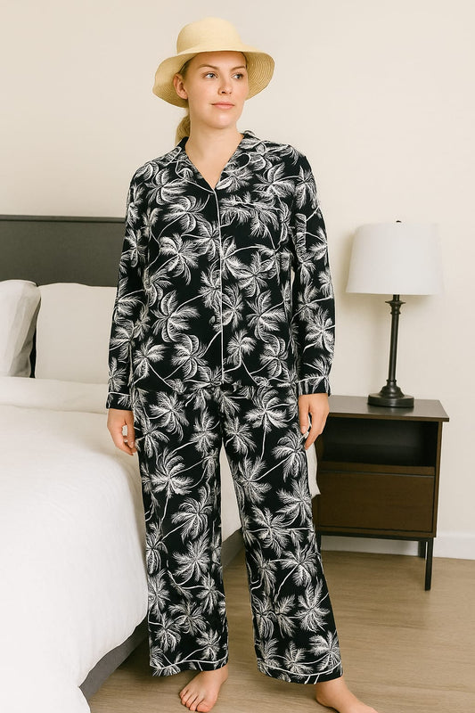 Women's 2-Piece Linen Night Suit – Black Palm Print | Tropical Comfort Meets Urban Style